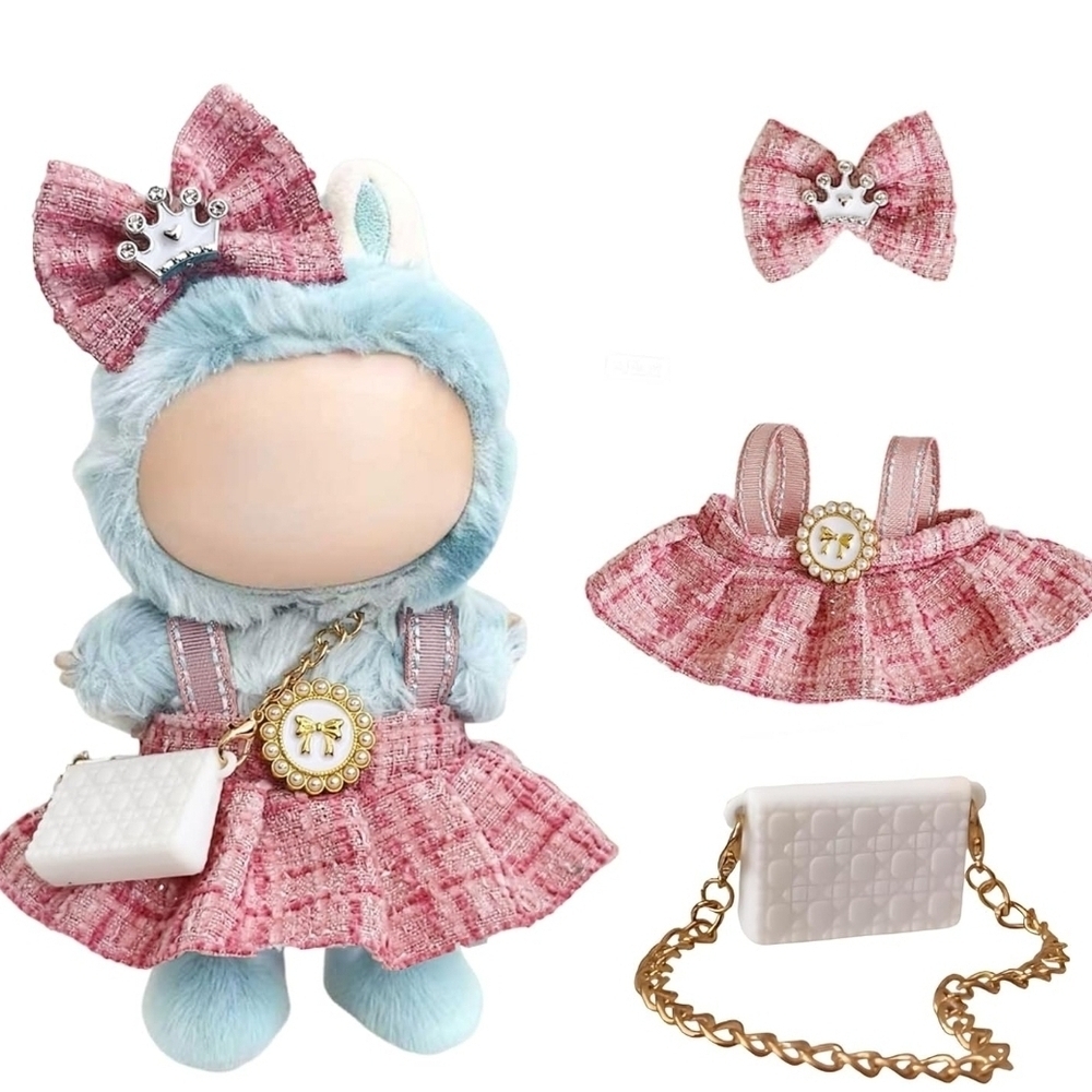 Labubu Plaid Bow Headband and Skirt Set for Doll - Picture 2 of 3